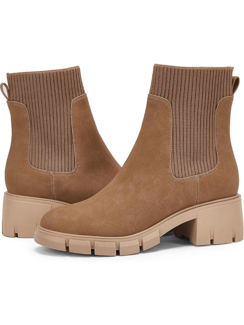 Women's Light Brown Rubber Platform Elastic Chunky Block Heel Chelsea Booties